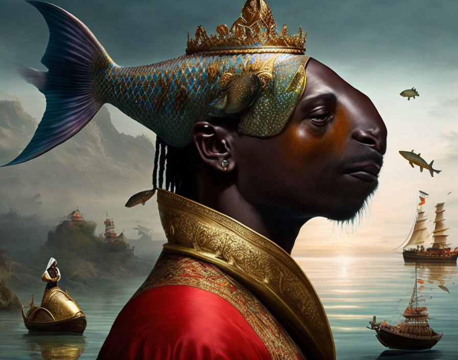 Person with Fish Head Wearing Crown and Royal Garb in Surreal Portrait