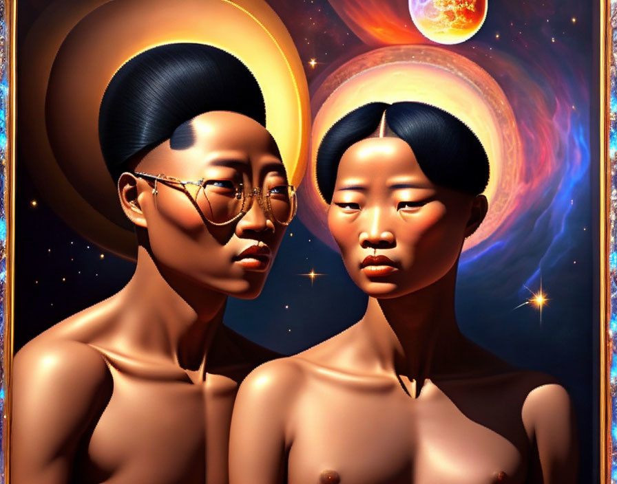 Stylized figures with sleek hairstyles and glasses in cosmic setting