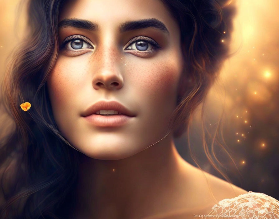 Woman with blue eyes, freckles, and dark hair in digital art against warm bokeh background