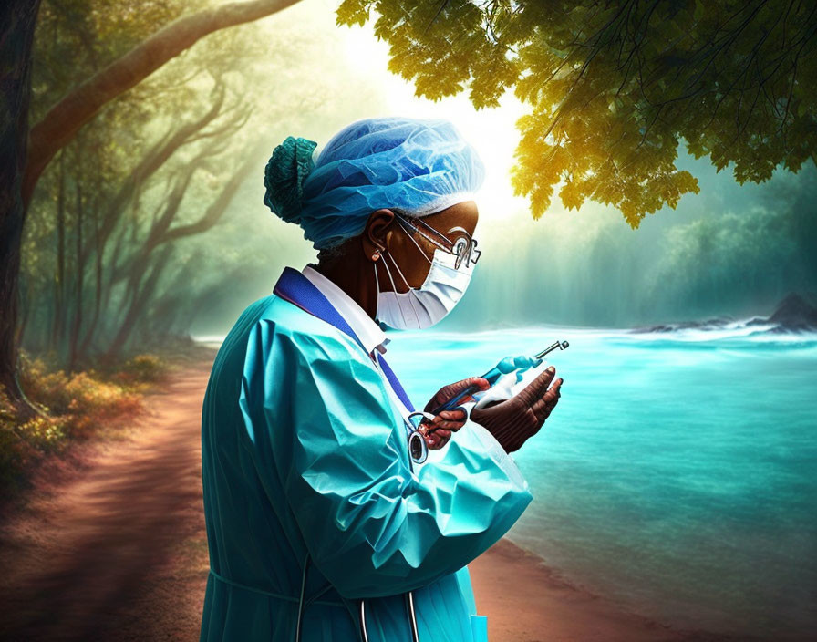 Healthcare Professional in Scrubs and PPE with Syringe in Surreal Landscape