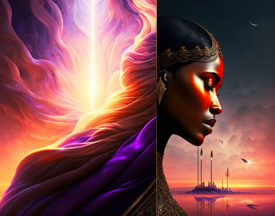 Split image: cosmic entity with swirling energy & woman in profile with elegant headwear against sunset landscape.