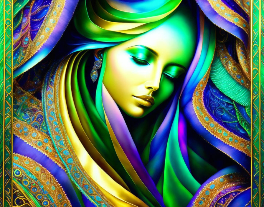 Colorful digital artwork of woman with vibrant drapery and golden patterns