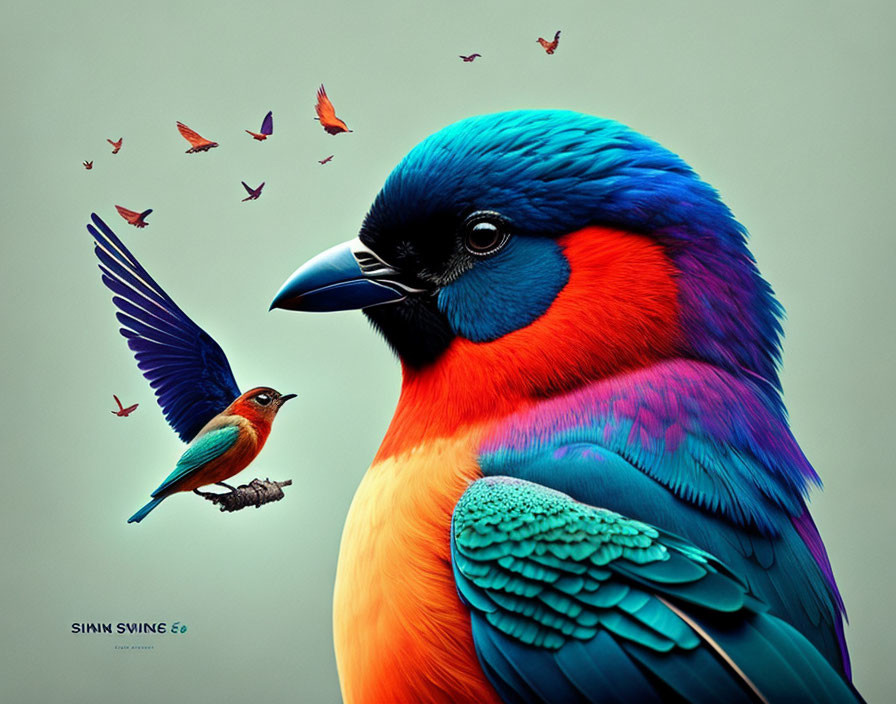 Colorful oversized bird with smaller bird on wing in vibrant digital artwork