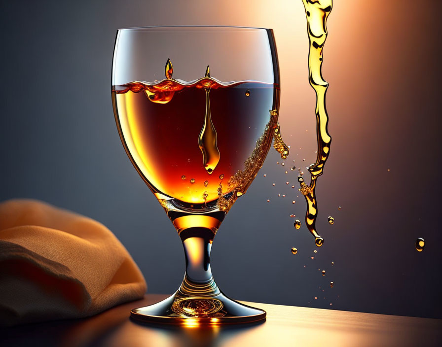 Amber liquid pouring into glass with stream and cloth on gradient background