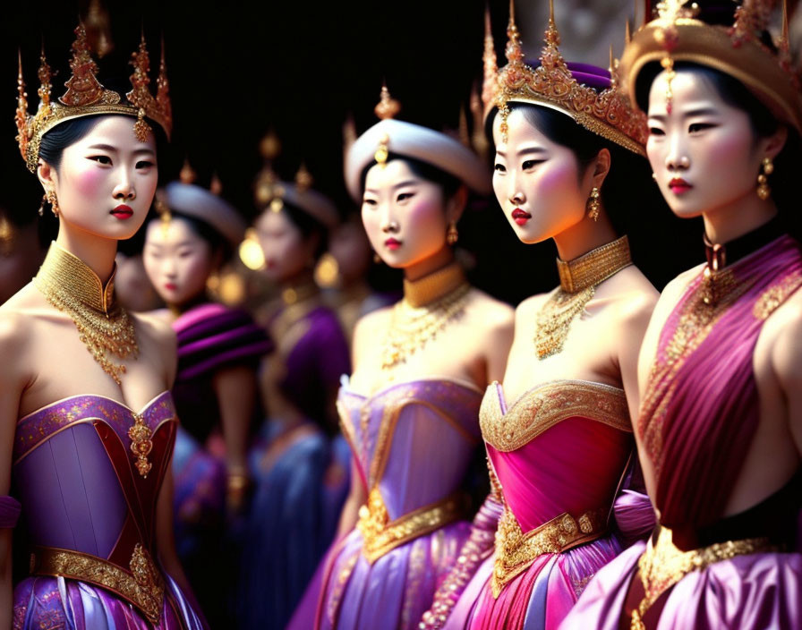 Elaborate traditional Asian outfits on women with golden headpieces