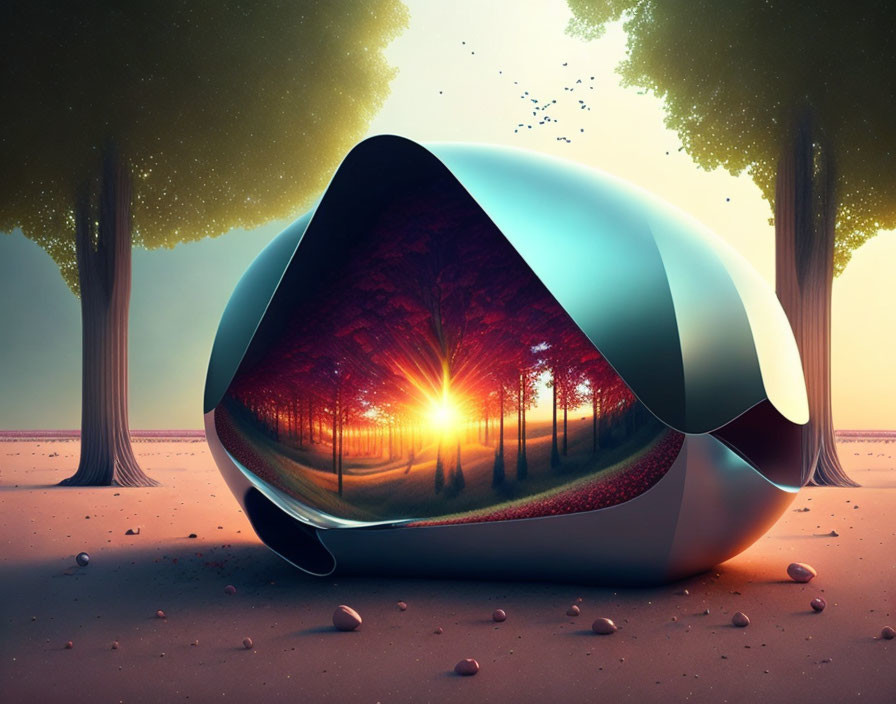 Reflective Futuristic Pod in Forest Setting at Sunset