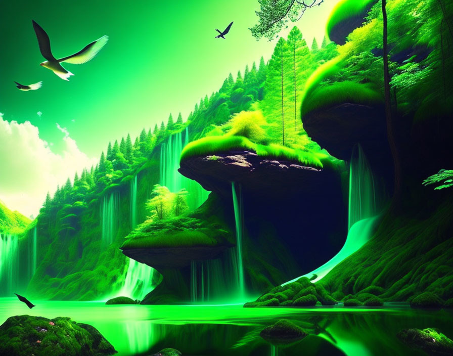 Fantasy landscape with green cliffs, waterfalls, and neon-lit sky