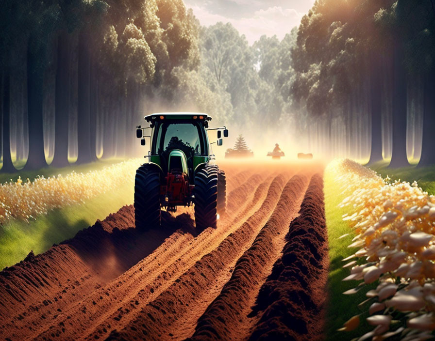 Tractor plowing field with neat furrows, flanked by trees and sunlight filtering through leaves