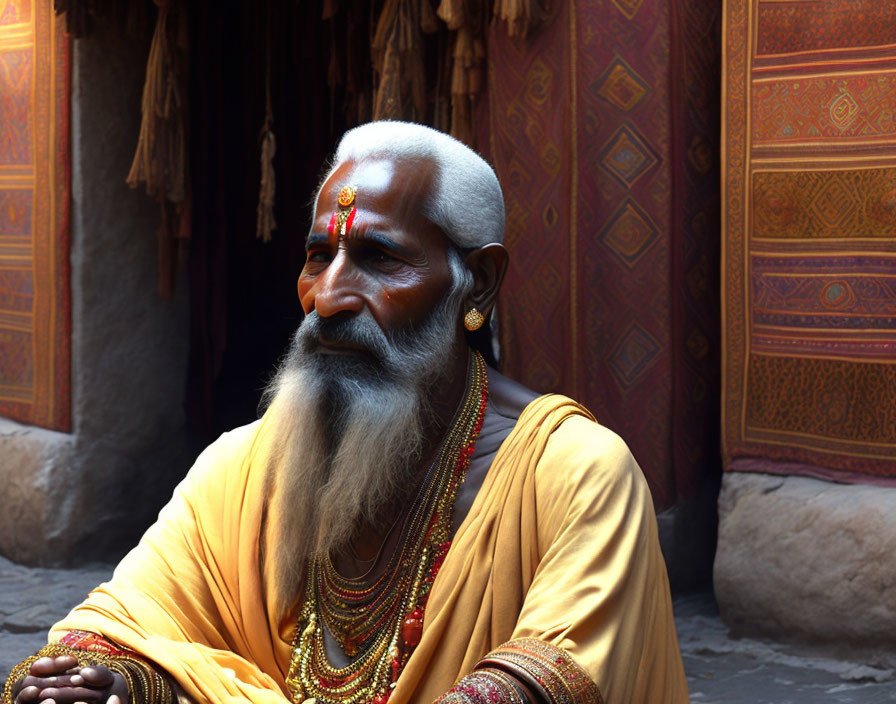 White-bearded man in yellow robe with forehead painting sitting thoughtfully