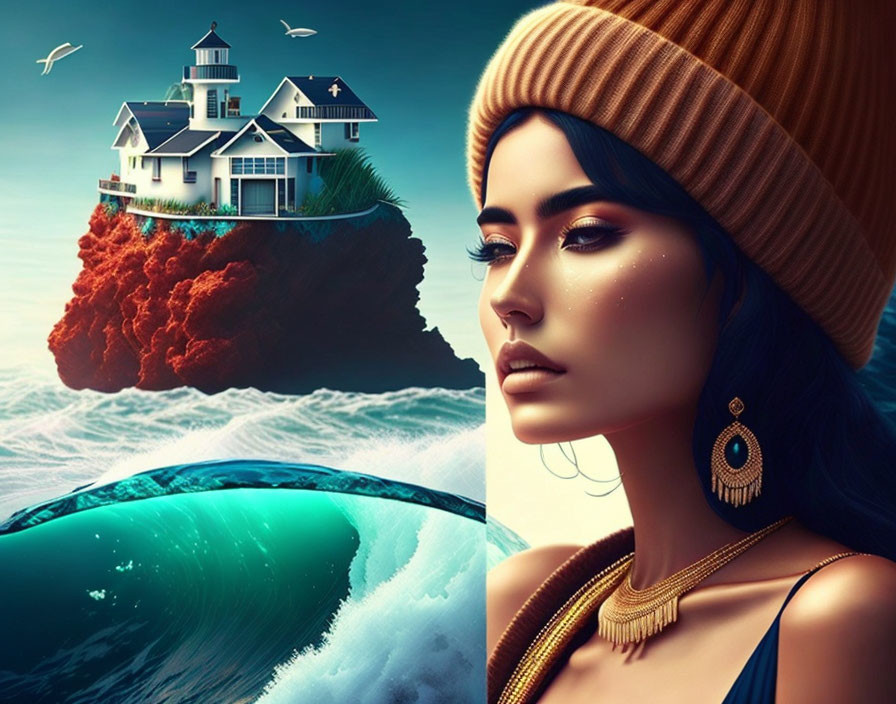 Cliffside house and woman by the ocean wave contrast.