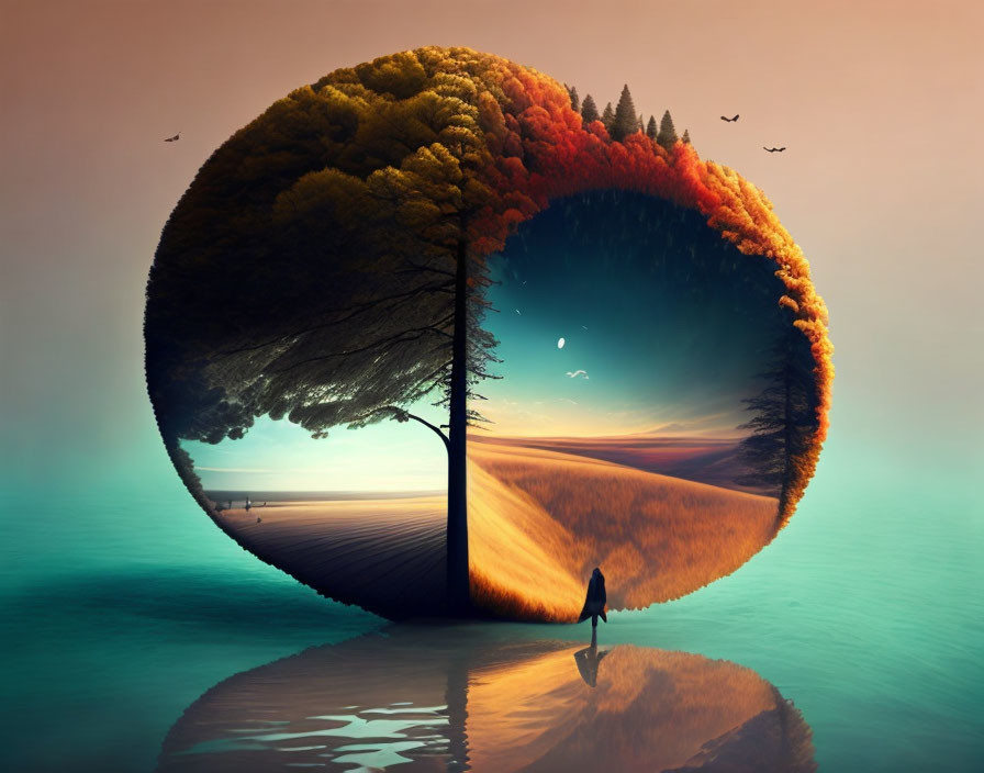 Surreal circular portal displaying transition from orange to green forest with birds overhead