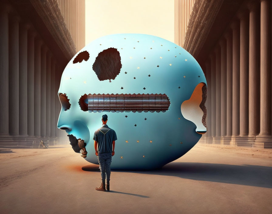 Man observing surreal blue sphere with celestial elements between classical columns