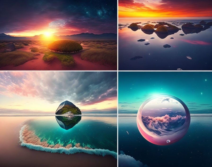 Surreal landscape composite images with vibrant skies and floating islands