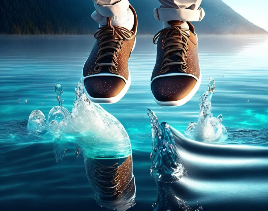 Brown Shoes with White Soles Walking on Water Over Lake & Mountains