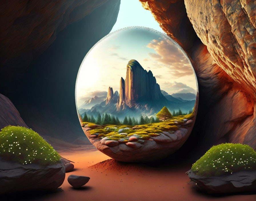 Circular Portal Revealing Vibrant Landscape