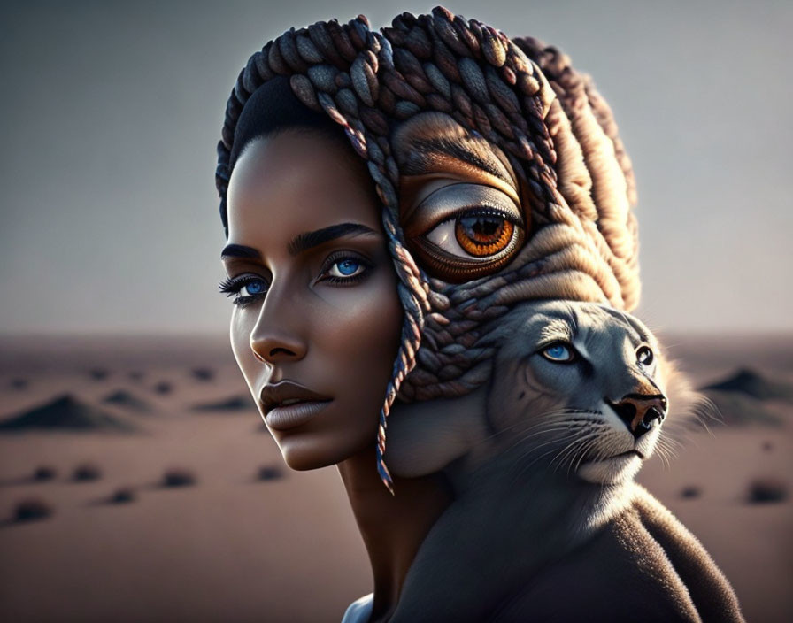 Digital artwork: Woman's face merges with feline in desert backdrop