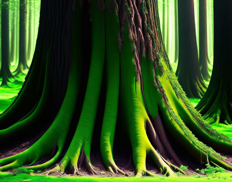 Vibrant green trees in a magical forest under enchanting light