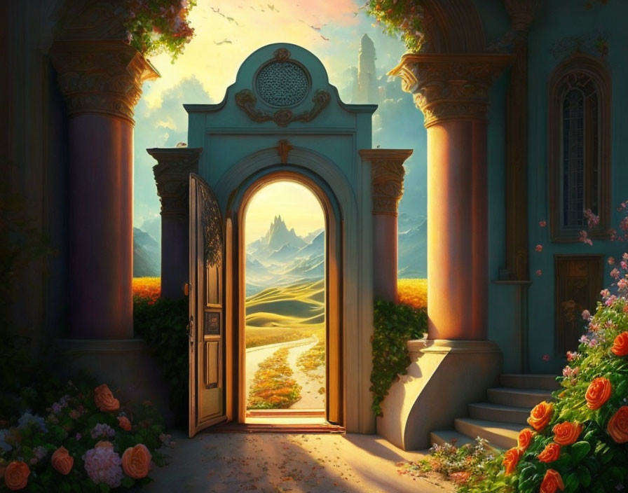 Ornate doorway opens to vibrant landscape with mountains, framed by flowering bushes.