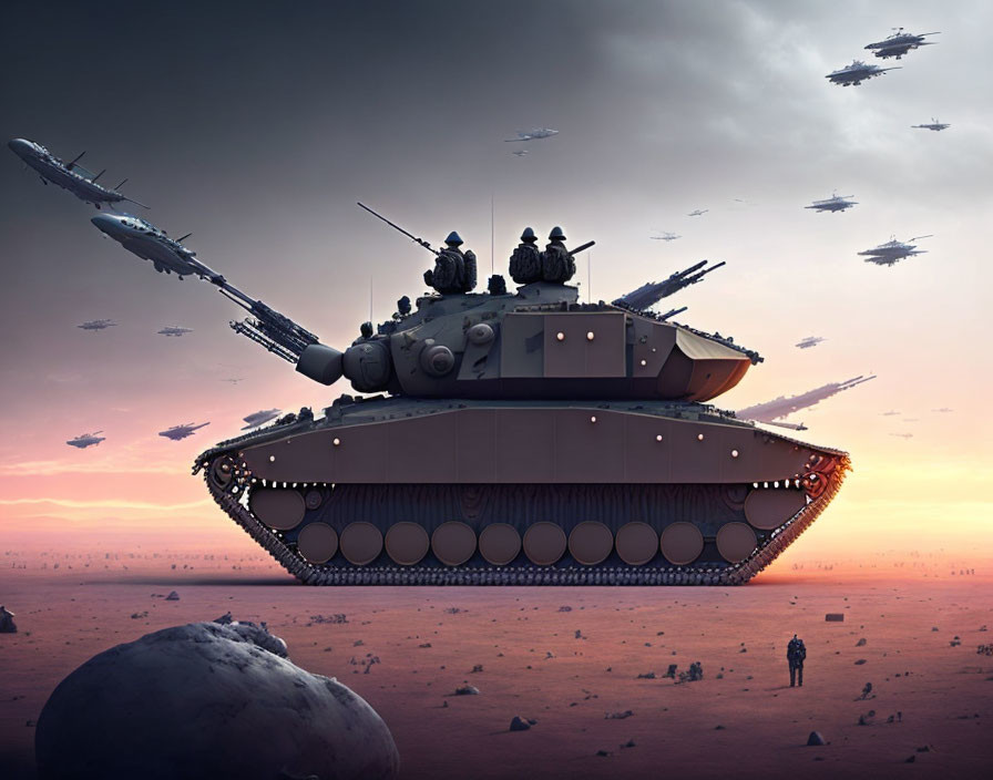 Futuristic tank in mid-air against dramatic sunset and aircraft fleet