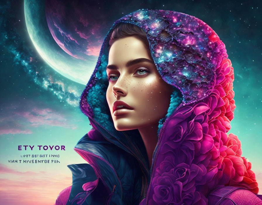 Digital artwork: Woman with cosmic makeup and galaxy hood, moon and stars backdrop