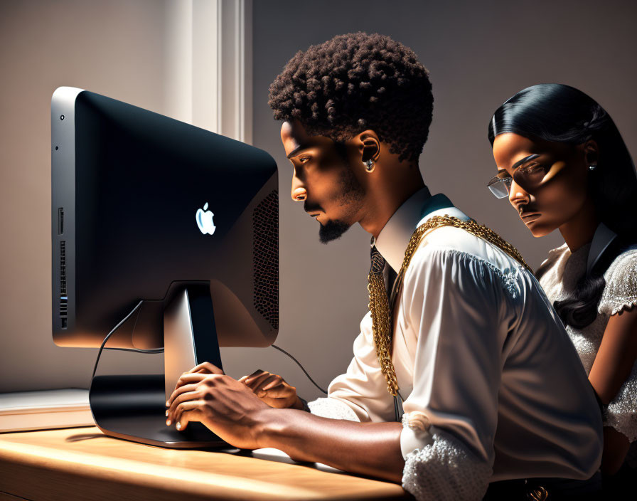 Fashionable duo examining Apple desktop screen in dimly lit room