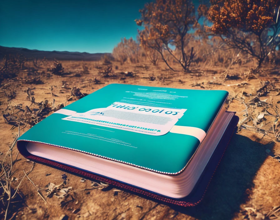 Blue-covered book resting in desert landscape