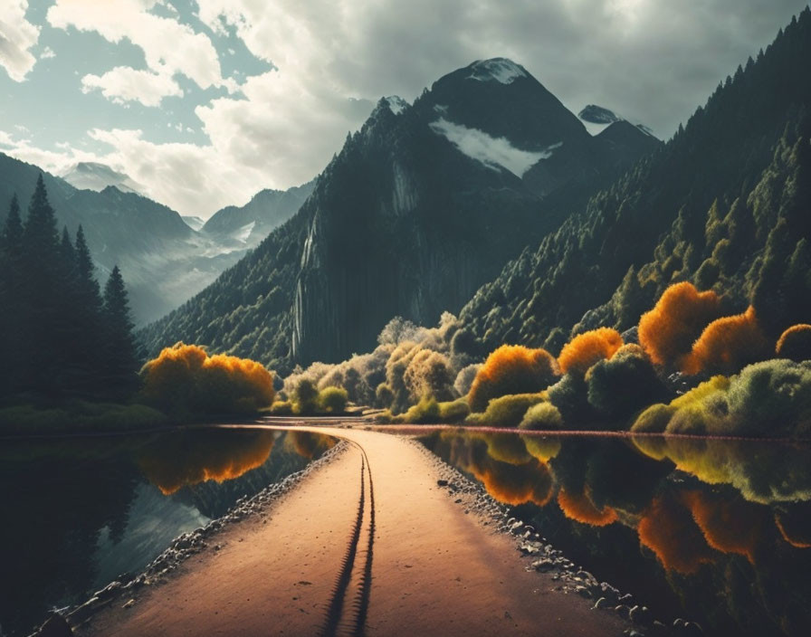 Autumn landscape with river, mountains, and tire tracks