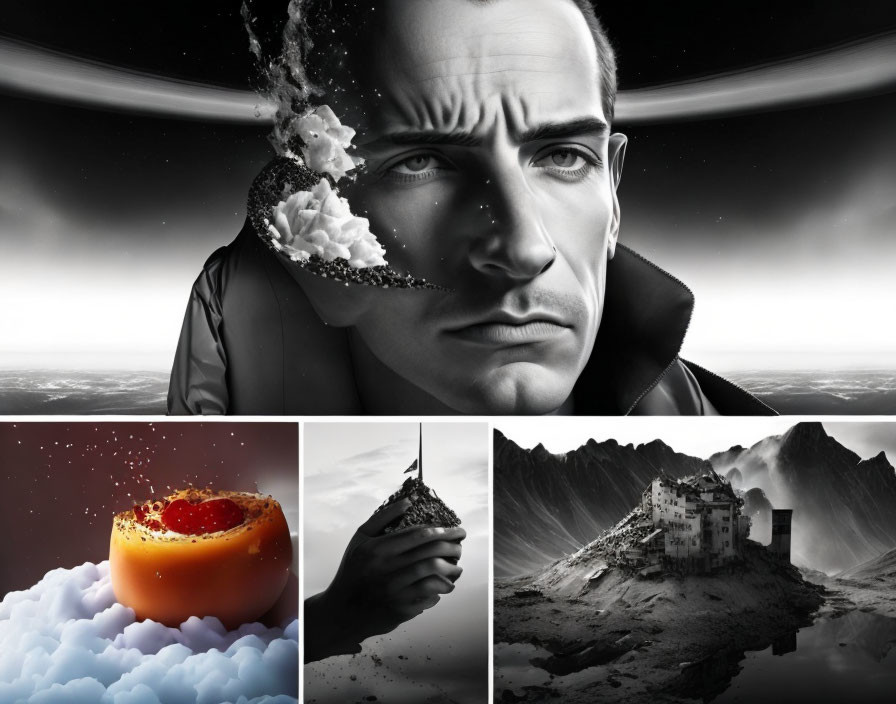 Surreal collage featuring man's face, floating islands, disintegrating head, and more