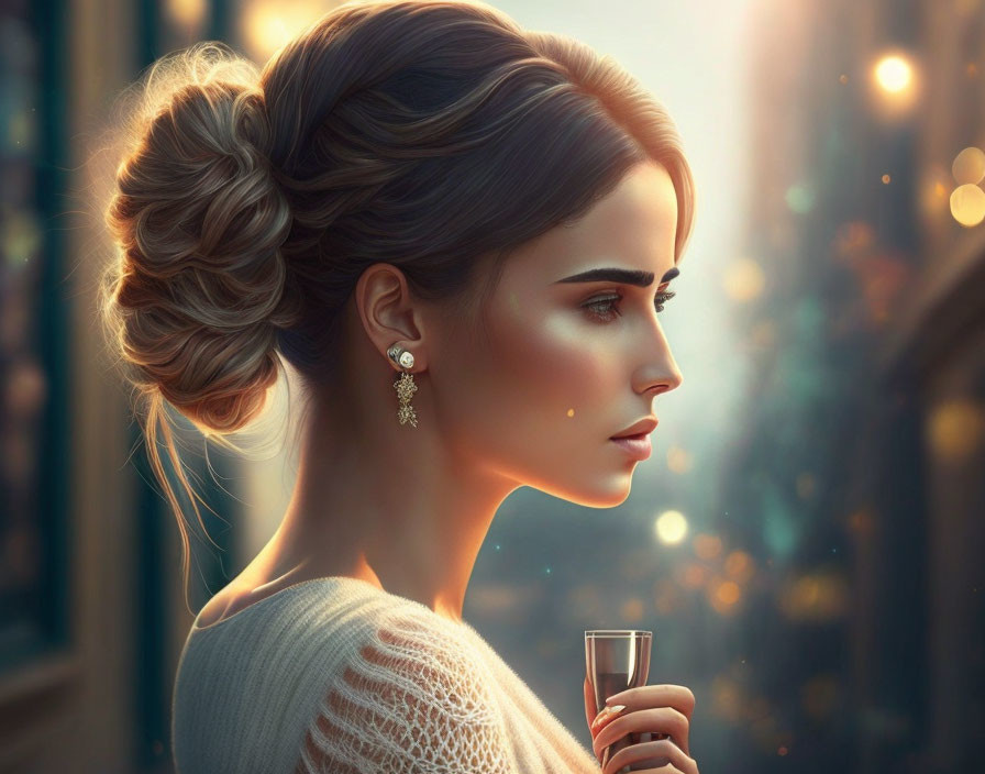 Illustrated woman with elegant updo holding a drink under golden light and bokeh.