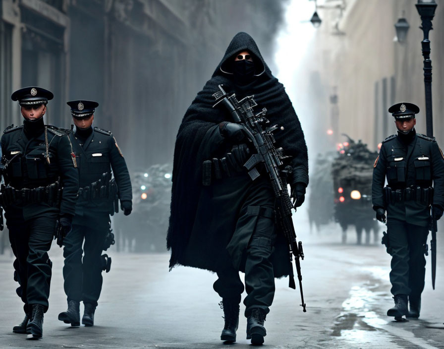 Mysterious figure with futuristic weapon and officers in urban setting