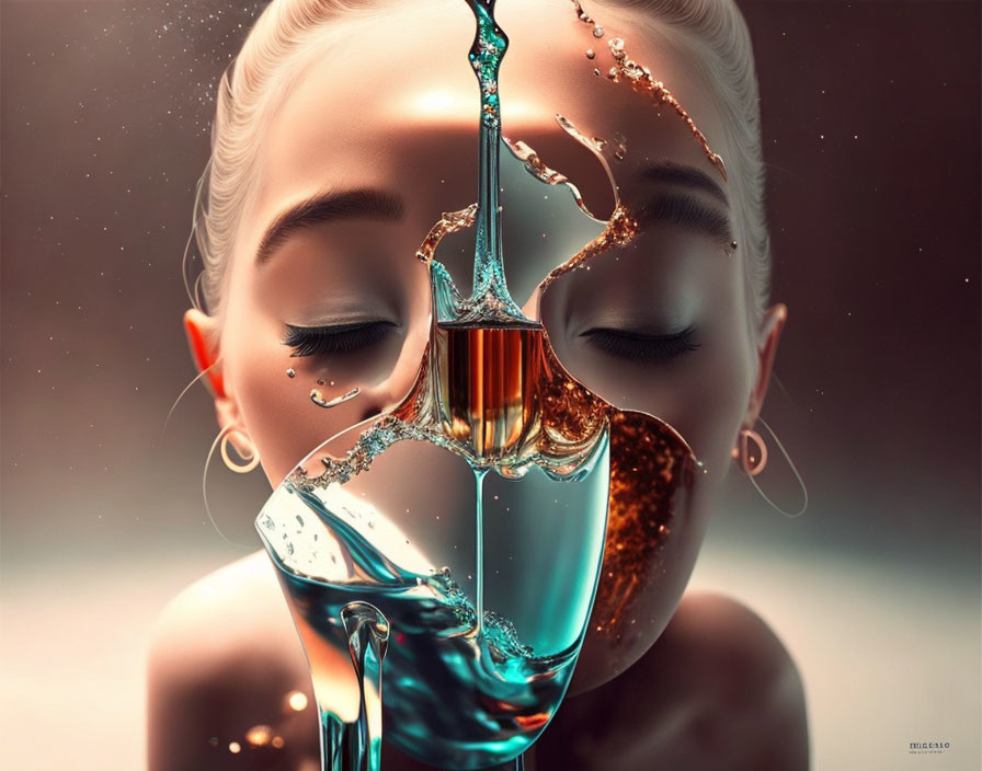 Surreal image of woman's face split with flowing liquid