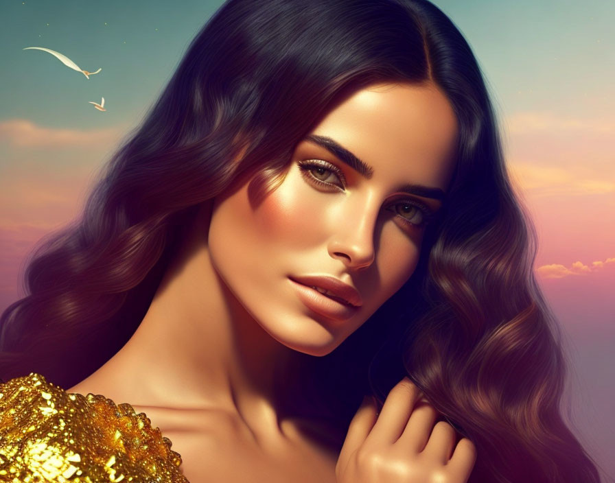 Digital artwork: Woman with brown hair, golden top, and sunset backdrop.