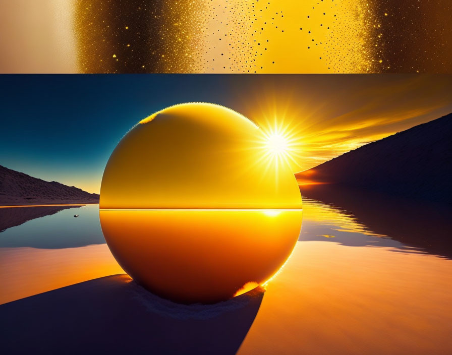 Reflective sphere on tranquil water under setting sun and dusk sky with stars