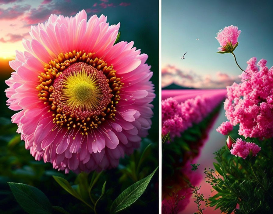 Close-up pink gerbera flower and sunset pink flower field view.