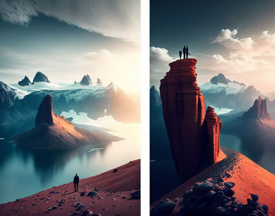 Surreal landscape with icy peaks, calm lake, lone and two figures, towering rock, warm