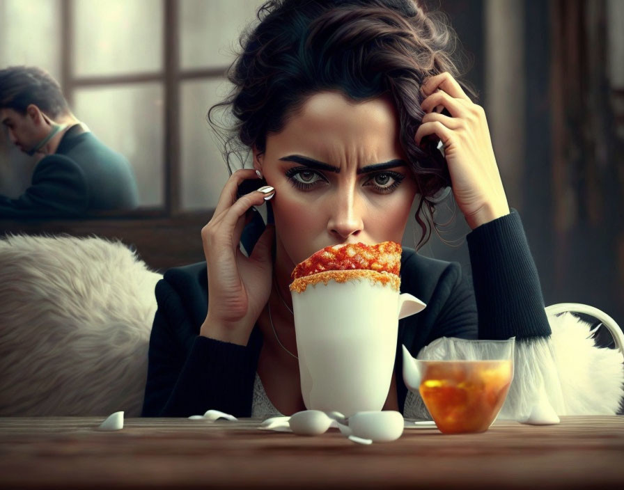 Woman on Phone Staring at Pizza Slice on Coffee Cup