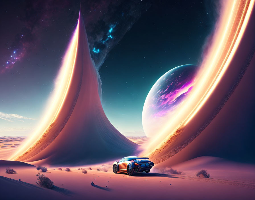 Futuristic car on desert dune under surreal sky with planet and shooting stars