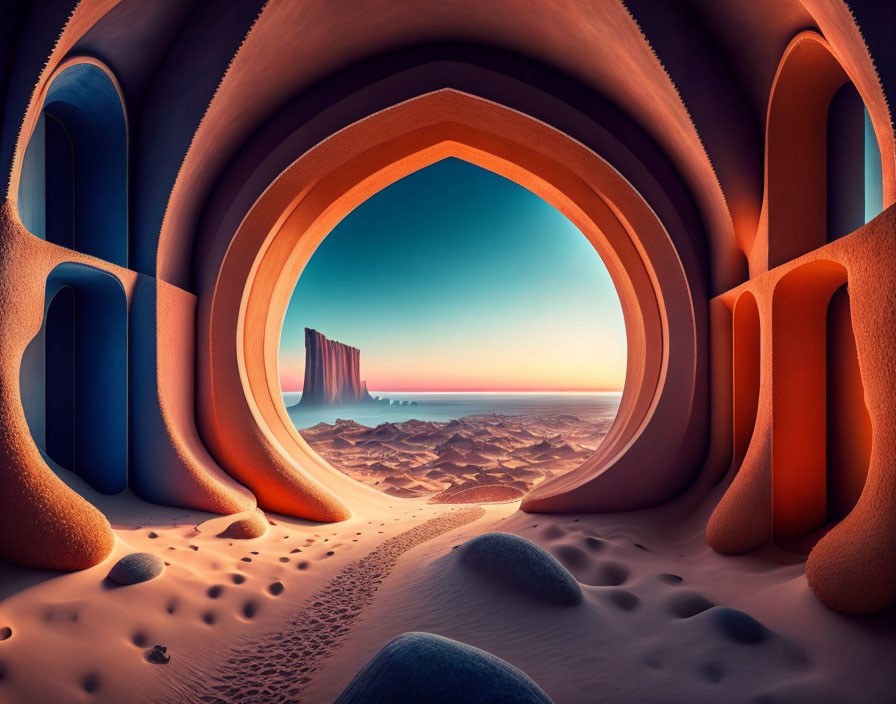 Surreal arched passageway in orange and blue leading to desert landscape