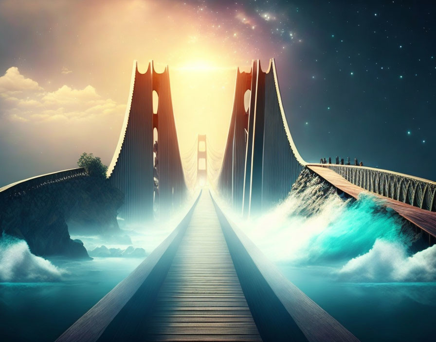 Surreal bridge merging wooden path with grand suspension bridge over turbulent seas and serene cosmos.