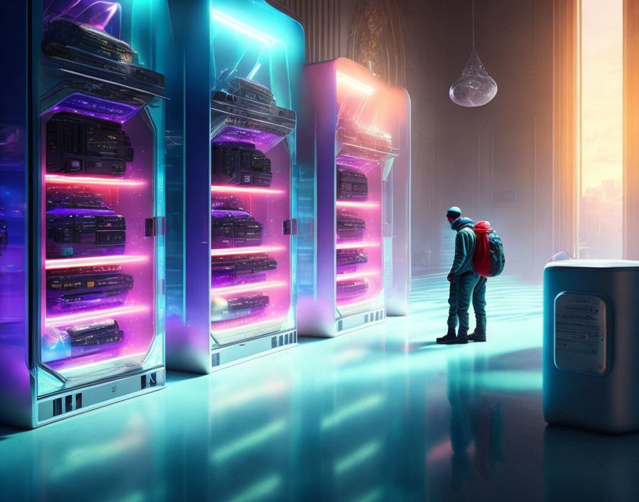 Futuristic data center with glowing server racks and person with backpack