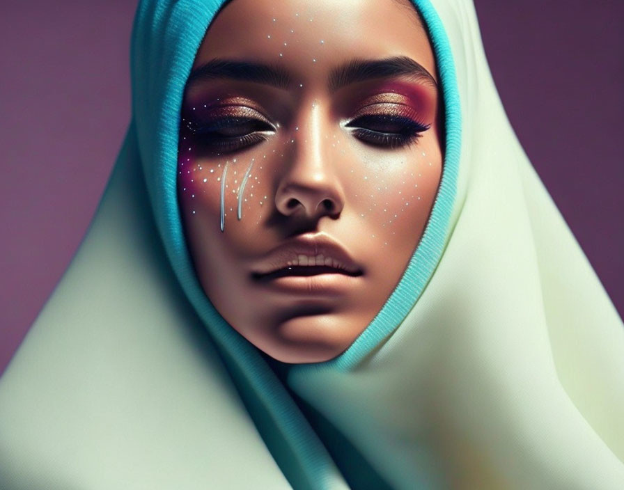 Digital artwork: Woman with vibrant makeup & sparkling tears, wearing pastel gradient hijab