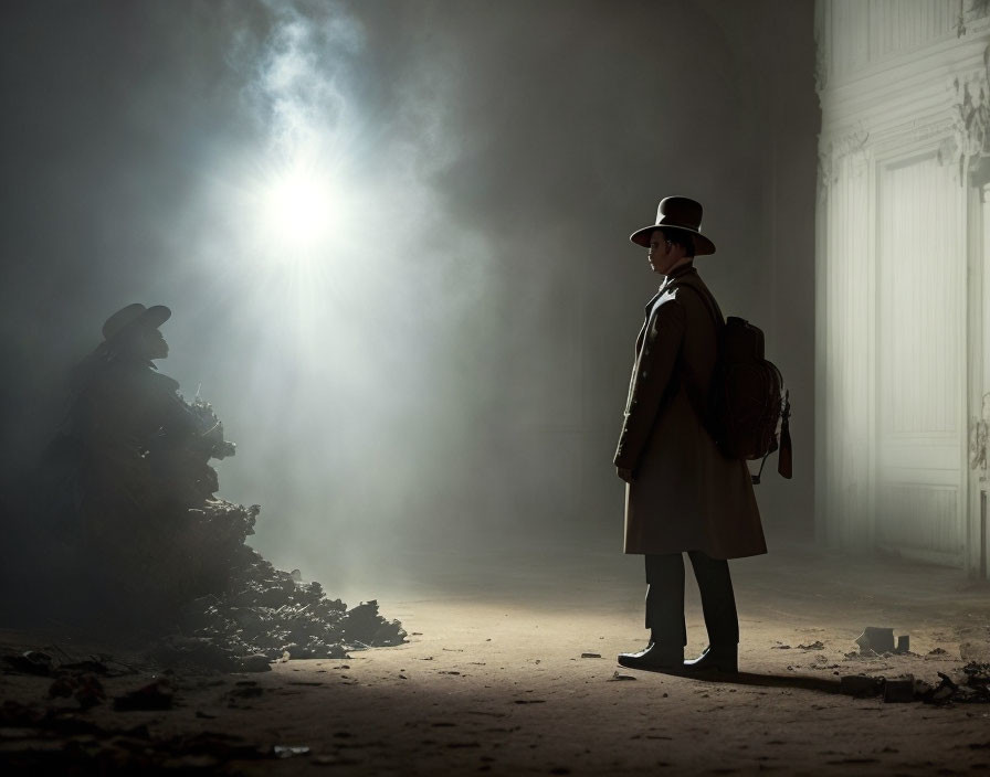 Mysterious figure in trench coat and hat in dimly lit room with obscured figure