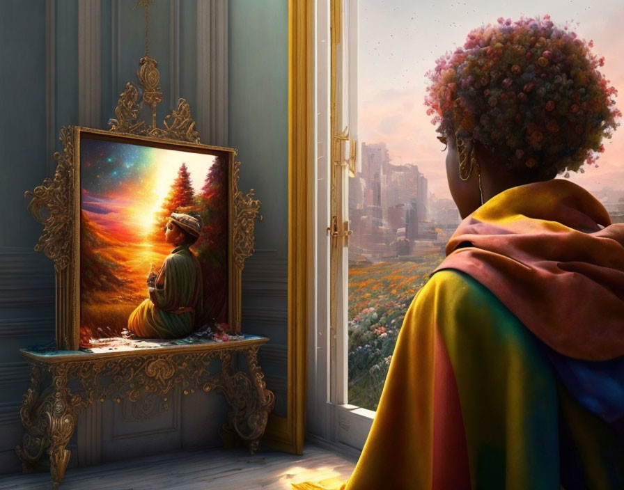 Colorful Outfit and Curly Hair Person Admiring Vibrant Sunset Painting