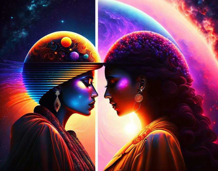 Stylized female profiles with cosmic backgrounds and vibrant colors