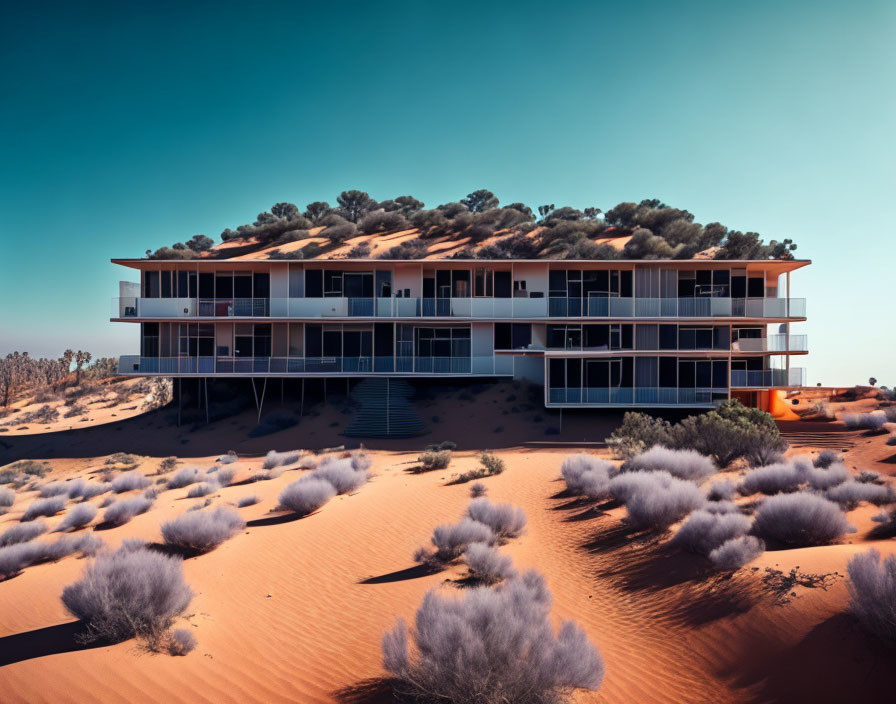 Modern multi-story building in sandy desert landscape