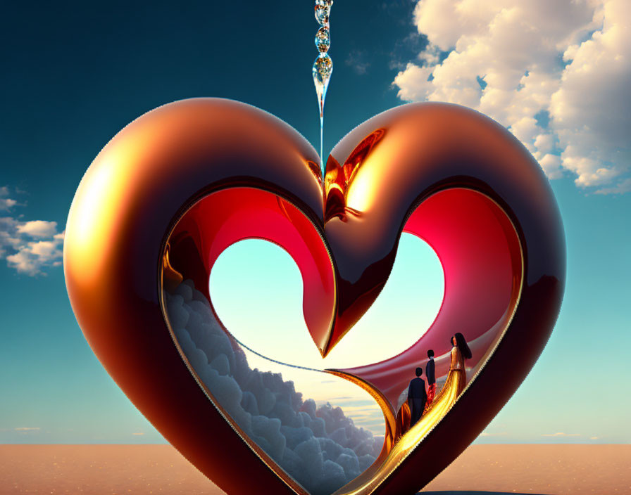 Couple on Pier Inside Heart-Shaped Sculpture Under Vibrant Sky