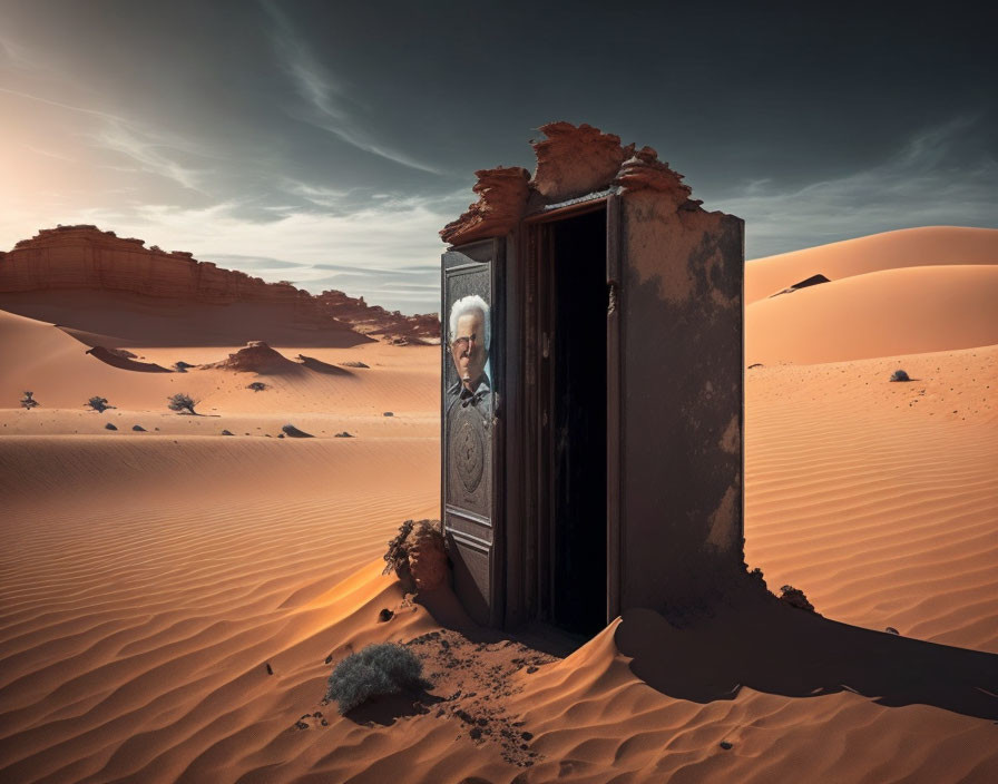 Vintage door in desert with elderly man and sand dunes in background