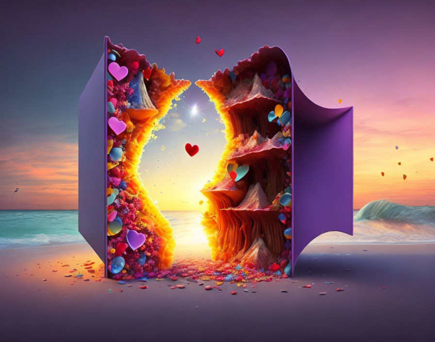 Fantasy book scene: heart-shaped tunnel, beach sunset, hearts in the sky