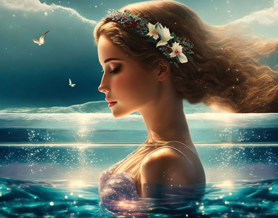 Woman with floral headband floating in water under celestial sky surrounded by birds, evoking dreamlike tranqu