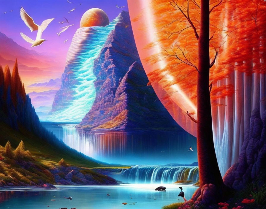 Surreal landscape with waterfalls, planet, sunlight, and bird